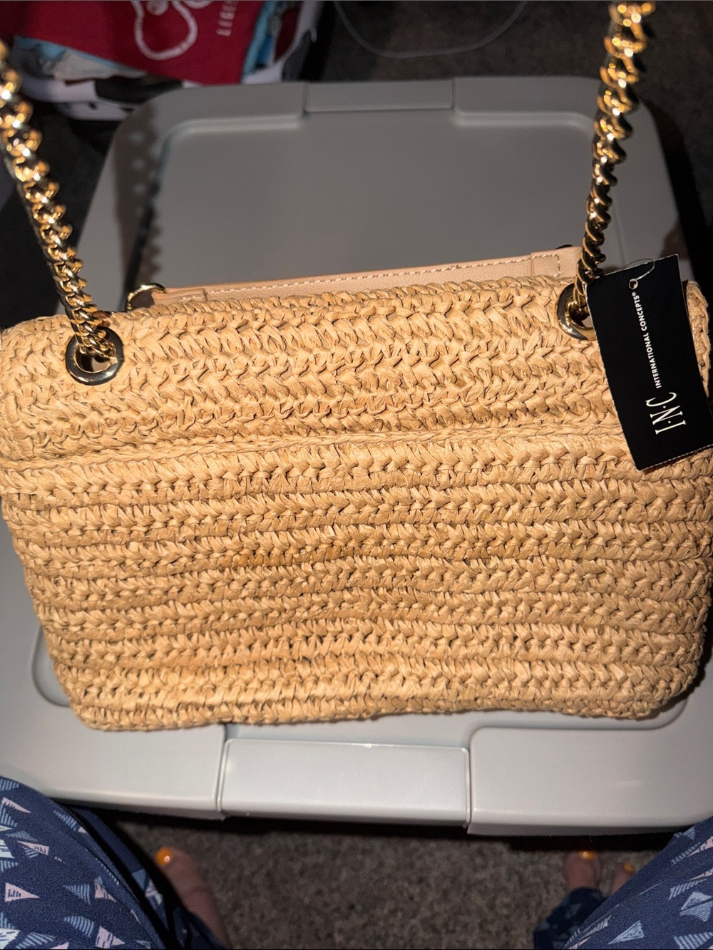INC International Concepts Beige Woven Straw Satchel with Gold Studs - Picture 4 of 8